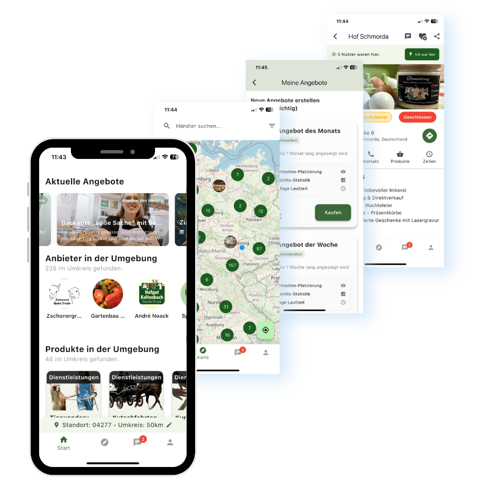 Kauf Beim Bauer App mit Angebote- und Kartenansicht auf iPhone – Flutter-Crossplatform-Appentwicklung von Nordwave.