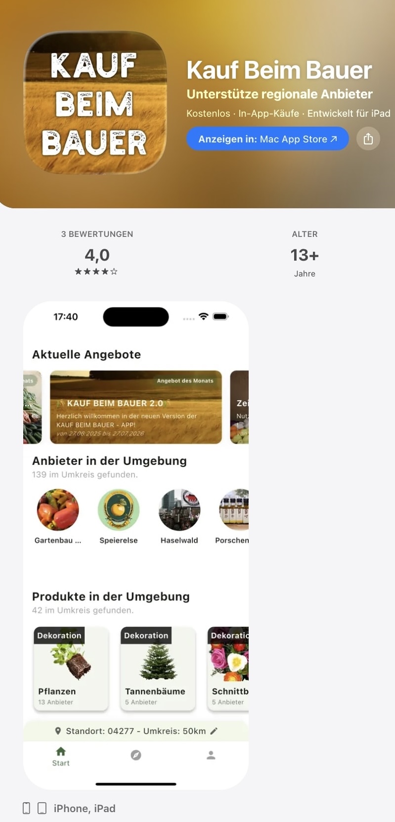 App Store Listing von Kauf Beim Bauer mit Bewertung und Vorschau – mobile Appentwicklung mit Flutter bei Nordwave (Michel Klippel).