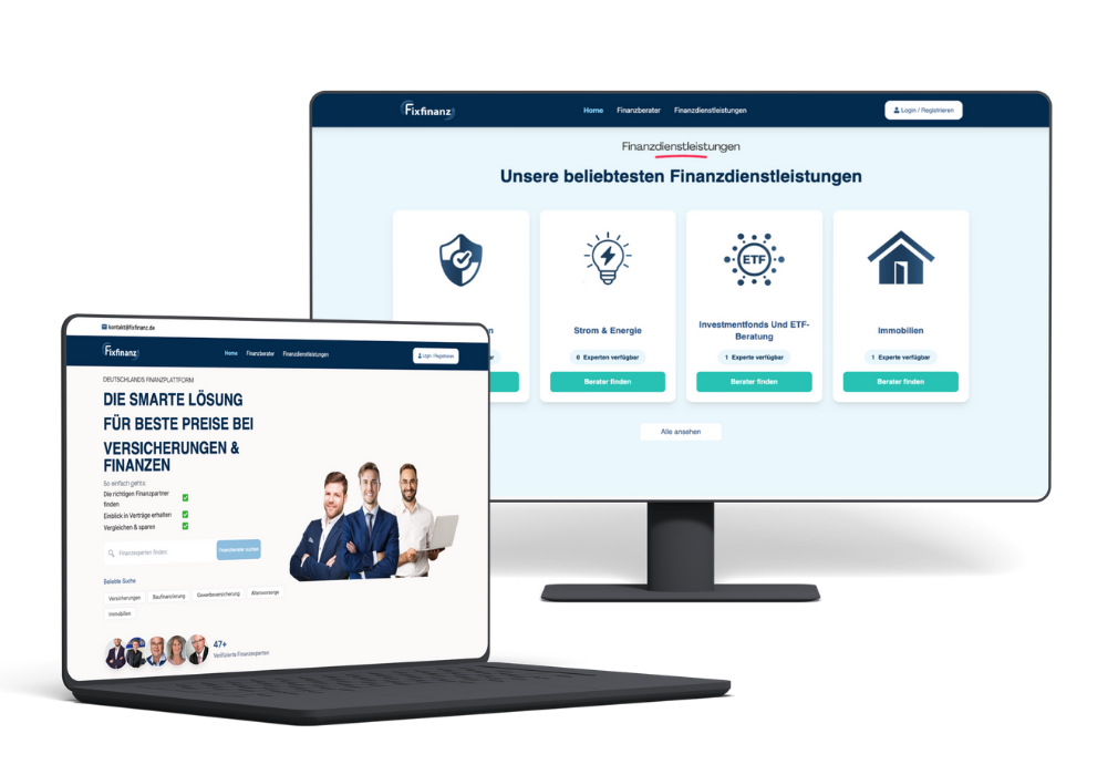 Mockup Fixfinanz SaaS-Webapp auf Laptop und Monitor mit Startseite und Service-Katalog – entwickelt von Nordwave.