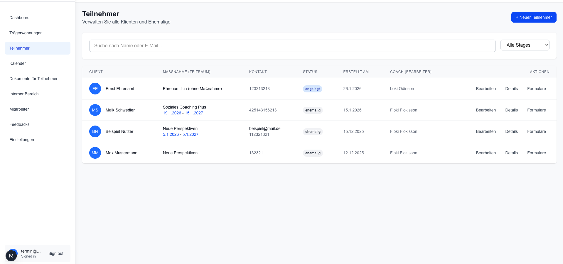 Teilnehmerverwaltung: Tabelle mit Maßnahme, Kontakt, Status, Coach und Aktionen Bearbeiten/Details/Formulare – Nordwave Dashboard.