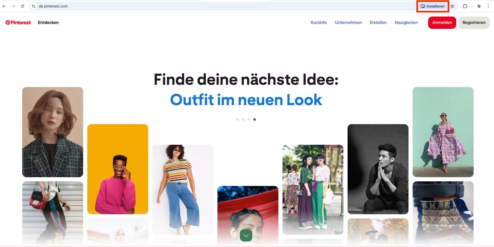 Pinterest im Browser mit Installieren-Button – PWA-Beispiel für Webappentwicklung bei Nordwave (Michel Klippel).