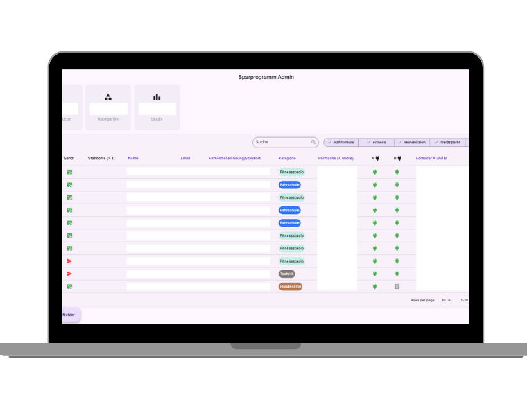 Dashboard-Admin auf Laptop: Nutzerverwaltung mit Kategorien, Suche und Formularstatus – Nordwave Leipzig.