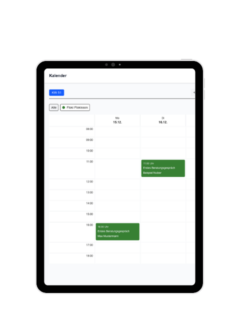 Tablet-Dashboard: Kalender-Wochenansicht mit Terminen und Filter – Webapp-Entwicklung Nordwave Leipzig.