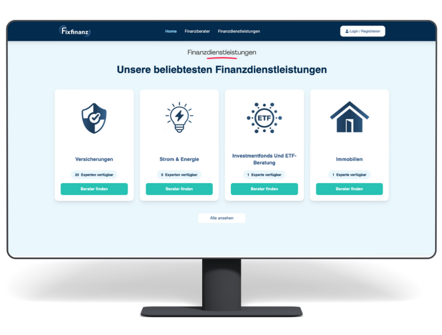 SaaS-Webapp auf Monitor: Fixfinanz Service-Katalog mit Berater finden – Nordwave Leipzig.